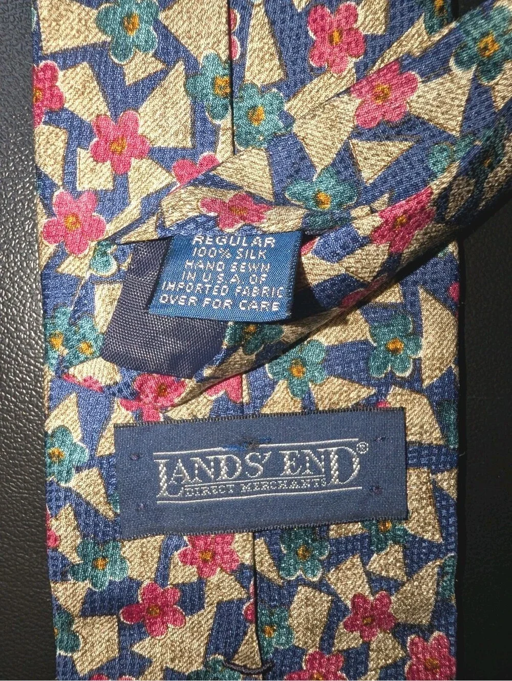 Vintage Lands End Silk Tie Geometric Flowers Blue